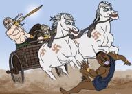 3soyjaks animal art beard bloodshot_eyes brown_skin buff classical_art_parody closed_mouth clothes crying frog full_body glasses hair holding_object horse mustache nazism open_mouth pepe redraw shield sintashta_culture smile smug soyjak stubble swastika variant:bernd variant:chudjak white_skin yellow_hair // 1280x913 // 835.6KB