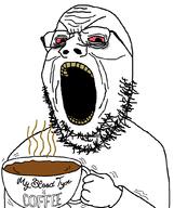 bloodshot_eyes coffee cup glasses hand holding_object open_mouth soyjak stubble tired variant:gapejak wrinkles yellow_teeth // 864x1029 // 48.4KB