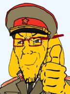 animal closed_mouth clothes collar_tabs communism dog ear epaulettes glasses hammer_and_sickle hand hat janny kuz large_eyebrows military_uniform necktie smirk smug soviet_army_uniform soviet_union soyjak stretched_mouth stubble thumbs_up uniform variant:soyak // 828x1104 // 350.2KB