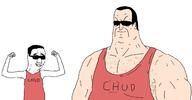 arm chud closed_mouth clothes gigachud glasses hair hand hands_up meta:tagme sleeveless_shirt smile soyjak sunglasses text variant:chudjak // 1411x738 // 88.6KB