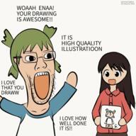 4chan anime arm brown_hair clothes female glasses green_hair hair hand hands_up holding_object open_mouth paper soyjak text variant:putajak yotsoyba // 600x600 // 282.7KB