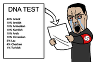 armband bloodshot_eyes brown_eyes crying dna_test eyebrows glasses hair lips nose open_mouth paper swastika teeth text turk turkish_swastika variant:chudjak white_background // 665x428 // 24.1KB
