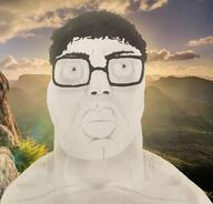 a10_eyes background big_neck buff bush chin cloud eyebrows glasses grass hair highlights hill lips mountain muscles muscular_male neck nose nostril plant rays realistic rock shaded shading shadow shrub sky subvariant:muscular_chud traps uncanny upper_torso variant:chudjak wrinkles // 627x600 // 324.9KB