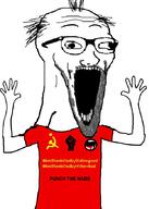 adolf_hitler antifa arm black_lives_matter clothes communism glasses hammer_and_sickle hand hands_up joseph_stalin open_mouth politics raised_fist_(symbol) soyjak star stubble subvariant:wewjak text tshirt variant:soyak // 624x877 // 185.3KB