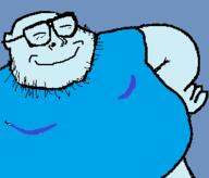 arm blue_skin calm closed_eyes closed_mouth clothes ear fat glasses hand smile soyjak stubble variant:unknown // 303x259 // 6.8KB