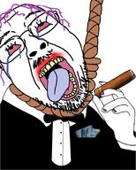 bloodshot_eyes bowtie cigar clothes crying glasses hair hand hanging holding_object mustache open_mouth purple_hair rope smoking soyjak stubble suicide tongue tranny tuxedo tvrkaryan variant:bernd yellow_teeth // 658x818 // 396.9KB