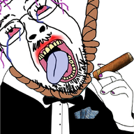 bloodshot_eyes bowtie cigar clothes crying glasses hair hand hanging holding_object mustache open_mouth purple_hair rope smoking soyjak stubble suicide tongue tranny tuxedo tvrkaryan variant:bernd yellow_teeth // 658x818 // 396.9KB