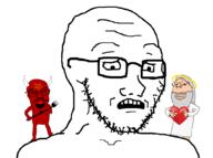 3soyjaks angel arm beard clothes confused demon facial_mark forehead_mark glasses god hair halo hand heart holding_heart holding_object horn mark_of_the_beast mustache open_mouth pentagram_forehead_mark religion scared soyjak stubble subvariant:soyak_(concerned) subvariant:wholesome_soyjak variant:feraljak variant:gapejak variant:soyak white_hair // 2000x1492 // 100.6KB