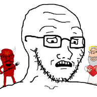 3soyjaks angel arm beard clothes confused demon facial_mark forehead_mark glasses god hair halo hand heart holding_heart holding_object horn mark_of_the_beast mustache open_mouth pentagram_forehead_mark religion scared soyjak stubble subvariant:soyak_(concerned) subvariant:wholesome_soyjak variant:feraljak variant:gapejak variant:soyak white_hair // 2000x1492 // 100.6KB