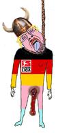 blood bloodshot_eyes blue_eyes clothes crying flag flag:germany flag:transgender_pride_flaggen full_body germany glasses hair hanging hat helmet horned_helmet mustache neovagina open_mouth rope soyjak stubble suicide tongue tranny variant:bernd yellow_hair yellow_teeth // 1280x2880 // 659.1KB