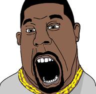 beard black_skin clothes ear hair kanye_west mustache necklace open_mouth soyjak tshirt variant:cobson // 739x720 // 24.0KB