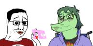 SLLSFHM arm big_eyebrows big_lips black_shirt blush closed_mouth clothes eyelashes fangs female finger fire furry glasses green_hair green_skin hair half_body half_open_mouth hmofa holding_heart holding_object hoodie i_want_hug_that_gator letter love love_letter messy_hair oh_my_god_she_is_so_attractive red_shirt swastika text variant:chudjak wheelchair white_eyes yellow_sclera // 2800x1400 // 198.5KB