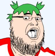 4chan anime beard clothes ear glasses green_hair hair open_mouth soyjak variant:fatjak white_skin yotsoyba // 714x732 // 24.4KB