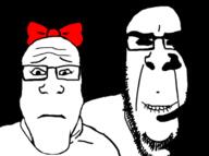 2soyjaks biting_lip black_background bow closed_mouth eyelashes female glasses neutral ominous rape scared shadow soyjak stubble subvariant:marcobplier subvariant:neutralplier variant:markiplier_soyjak // 625x467 // 94.8KB