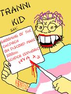 asian blood full_body glasses half_open_mouth holding_object knife lipstick self_harm sign soyjak stubble teeth tranny variant:soykio_kid yellow_skin // 989x1293 // 114.4KB