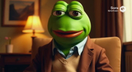 amphibian background book frog holding_book holding_object laughing meta:ai_generated motion_blur nas:pepe pepe_the_frog sitting sora