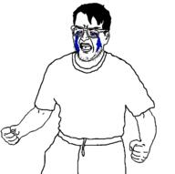 arm bloodshot_eyes clothes crying ear glasses hair hand open_mouth soyjak stubble tshirt variant:unknown // 640x638 // 21.3KB