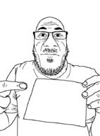 bald balding closed_mouth clothes glasses hand holding_object mustache neutral pointing sign soyjak stubble subvariant:nuplier template tshirt variant:markiplier_soyjak white_background wrinkles // 676x913 // 10.5KB