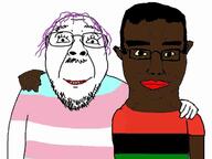 2soyjaks black_skin chud_troon_alliance closed_mouth ear friendship glasses hair lipstick pan_african purple_hair smile stubble tranny variant:bernd variant:chudjak yellow_sclera // 1313x983 // 57.4KB