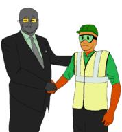 2soyjaks arm artist:shemmysloota closed_eyes closed_mouth clothes fixed_coloring_reupload froot glasses goggles grey_skin hand handshake hard_hat hat necktie orange_skin soot soot_colors soyjak_party stubble suit the_office // 1218x1312 // 44.0KB