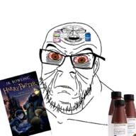 2soyjaks angry bloodshot_eyes book bottle brain brown_eyes closed_mouth ear frown glasses harry_potter open_mouth plastic_bottle soy soyjak soylent soylent_(creamy_chocolate) soylent_bottle stubble variant:feraljak wrinkles // 1024x1024 // 683.7KB