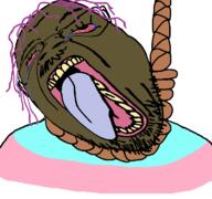 ack bloodshot_eyes brown_skin brown_troonjak clothes crying distorted glasses hanging open_mouth purple_hair rope stubble tranny yellow_teeth // 768x719 // 35.9KB