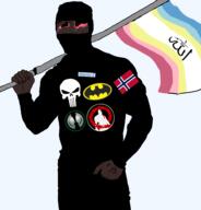 Warrior-Z(user) allah arabic_text balaclava bat batman batman_(series) black_skin bloodshot_eyes buff caligraphy flag flag:minor_attracted_person flag:norway full_body iron islam jartycuck kratos kufic muscles muscular_male muslims nigger norway punisher red shahada skull soybooru spawn stick subvariant:jartycuck variant:chudjak // 1834x1913 // 377.8KB