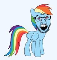angry animal colorful_hair full_body get glasses mustache my_little_pony open_mouth palindrome_get pink_eyes pony rainbow_dash soyjak stubble variant:feraljak wing // 1331x1397 // 88.8KB