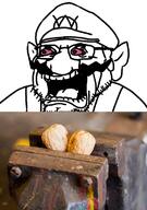 bloodshot_eyes cap clothes glasses hat implied_castration innuendo looking_to_the_left mustache nintendo nuts open_mouth ouch overalls pain pun shocked soyjak stubble variant:wahjak vice video_game wario // 500x710 // 158.8KB