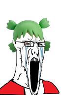 4chan anime bloodshot_eyes clothes crying glasses green_hair hair open_mouth soyjak stretched_mouth stubble variant:soyak yotsoyba // 680x1050 // 332.6KB