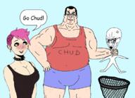 anger_mark arm big_brain big_lez bloodshot_eyes blush bowtie breasts buff choker chud clothes crying distorted ear enbie female full_body gigachud glasses hair hand holding_object huge_breasts open_mouth pink_hair soyjak speech_bubble stubble text trash_can variant:soyak white_skin // 1147x830 // 378.6KB