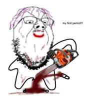 blood blood_drip blood_on_face blood_splatter blood_spray castration chainsaw cock_and_ball_torture english_text genital_mutilation gore holding_chainsaw holding_object lipstick penis period pool_of_blood purple_hair severed_penis smeared_lipstick smile smug testicles text tranny variant:gapejak // 675x676 // 335.5KB