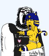 ankha beard bloodshot_eyes blue_hair cat_ear clothes furry glasses gooner hair rotten_teeth soyjak stubble tail transheart tshirt variant:ignatius variant:imhotep yellow_skin zoophile // 656x748 // 37.8KB