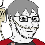 closed_mouth clothes glasses grey_hair hair hospital intravenous_drip nasal_cannula nate old sad sharty soot_colors soy soyjak soyjak_party soyteen stubble variant:soyak wrinkles // 756x756 // 228.9KB