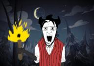 cloud don't_starve fire forest glasses hair jacket moon open_mouth sky stubble torch tree variant:godjak video_game // 1080x751 // 286.2KB
