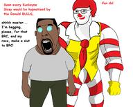 2soyjaks arm beard black_skin closed_mouth clothes clown glasses hair hand kanye_west mcdonalds music open_mouth red_hair ronald_mcdonald smile smug soyjak text tshirt variant:cobson variant:soyak // 2601x2094 // 541.6KB