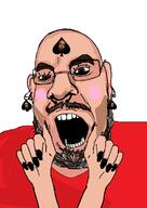 artist:romanian_schizo beard blush brown_eyes brown_hair clothes ear earring elpresador facial_mark forehead_mark glasses grey_hair hand mustache nose_piercing nose_ring open_mouth painted_nails quantrell_bishop red_shirt soyjak spade stubble subvariant:slutson tattoo variant:cobson white_skin wings_of_redemption // 843x1188 // 80.0KB