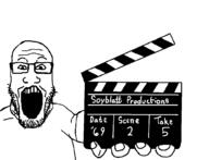 arm clapperboard clothes director glasses hand holding_object open_mouth soyjak stubble tshirt variant:markiplier_soyjak // 1049x805 // 53.9KB