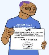 anti_soybooru artist:doedoedoe autism balding beard blind blue_shirt disabled downs_syndrome gay glasses indian judaism lips nose purple_hair retard small_eyes soybooru soyjak stubble subvariant:spedjak trans variant:soyak // 1050x1168 // 98.7KB