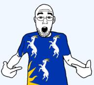 animal arm british clothes ear flag flag:merionethshire glasses goat hair hand merionethshire open_mouth pointing soyjak stubble sun teeth tshirt united_kingdom variant:shirtjak wales // 1236x1118 // 145.8KB