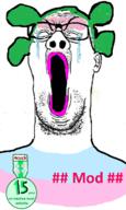 4chan anime badge closed_eyes clothes crying glasses green_hair hair medal open_mouth soyjak stubble text tranny variant:reaction_soyjak yotsoyba // 750x1248 // 600.7KB