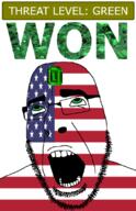 ahegao emerald featured flag:united_states gem glasses green green_eyes hair looking_up open_mouth schlog_color_event soyjak soyjak_blog star_(symbol) stubble teeth text threat_level_green united_states variant:cobson won // 721x1115 // 168.8KB