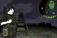 alien bald black_eyes black_sclera building camouflage chainlink cigarette clothes cloud cyrillic_text drawn_background fence flying glowing grass green_skin guard gun holding_object military military_uniform multiple_soyjaks open_eyes open_mouth path russia saucer sky smile tower two_soyjaks ufo variant:chudjak variant:gapejak white_skin // 1500x1000 // 773.3KB