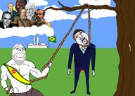 2soyjaks beard blood bloodshot_eyes brazil brown_hair buff clothes cloud country crying dom_pedro_ii drawn_background flag flag:brazil full_body grey_hair hair hanging holding_object holding_rope irl jair_bolsonaro lula_da_silva lynching meta:tagme mustache necktie noose rope soyjak stubble subvariant:wholesome_soyjak suicide suit tree variant:bernd variant:gapejak // 1200x857 // 330.8KB