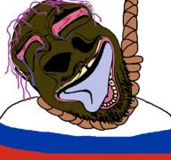 bloodshot_eyes crying dead flag flag:russia glasses hair hanging mustache open_mouth purple_hair rope shitskin soyjak stubble suicide template tongue tranny variant:bernd yellow_teeth // 768x719 // 182.9KB
