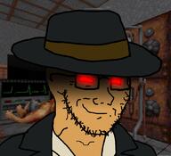 blood_(game) caleb_(blood) closed_mouth clothes glasses hat red_eyes smile smug soyjak stubble variant:soyak video_game white_skin // 1047x953 // 121.5KB