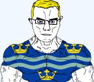 arm aryan blue_eyes british buff cambridgeshire closed_mouth clothes crown ear england flag flag:cambridgeshire glasses hair soyjak subvariant:chudjak_front subvariant:muscular_chud tshirt united_kingdom variant:chudjak vein yellow_hair // 1059x929 // 136.1KB