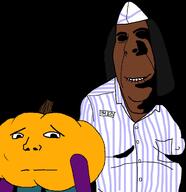 2soyjaks black_skin buttoned_shirt clothes cyber8 good_burger hair hat hungry_pumkin long_hair looking_at_you name_tag pocket pumpkin shadow smile striped_clothing subvariant:hornyson subvariant:shoyta teeth text variant:cobson variant:gapejak worried youtube // 1600x1650 // 264.4KB