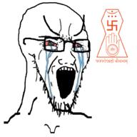 bloodshot_eyes crying glasses jainism large_eyebrows open_mouth religion soyjak stretched_mouth stubble swastika variant:soyak // 1000x1000 // 320.4KB