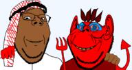 arab beard bloodshot_eyes brown_skin clothes demon friendship hand hat islam keffiyeh mudslime no_more_brother_wars red_eyes red_skin satan smile spear subvariant:wholesome_soyjak tail variant:gapejak variant:impish_soyak_ears yellow_teeth // 1592x844 // 73.5KB